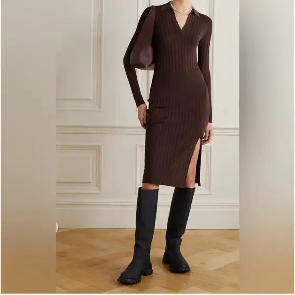 Rag & Bone Dawson Polo Dress Ribbed Knit Stretch Brown Size XXS /XS NWT